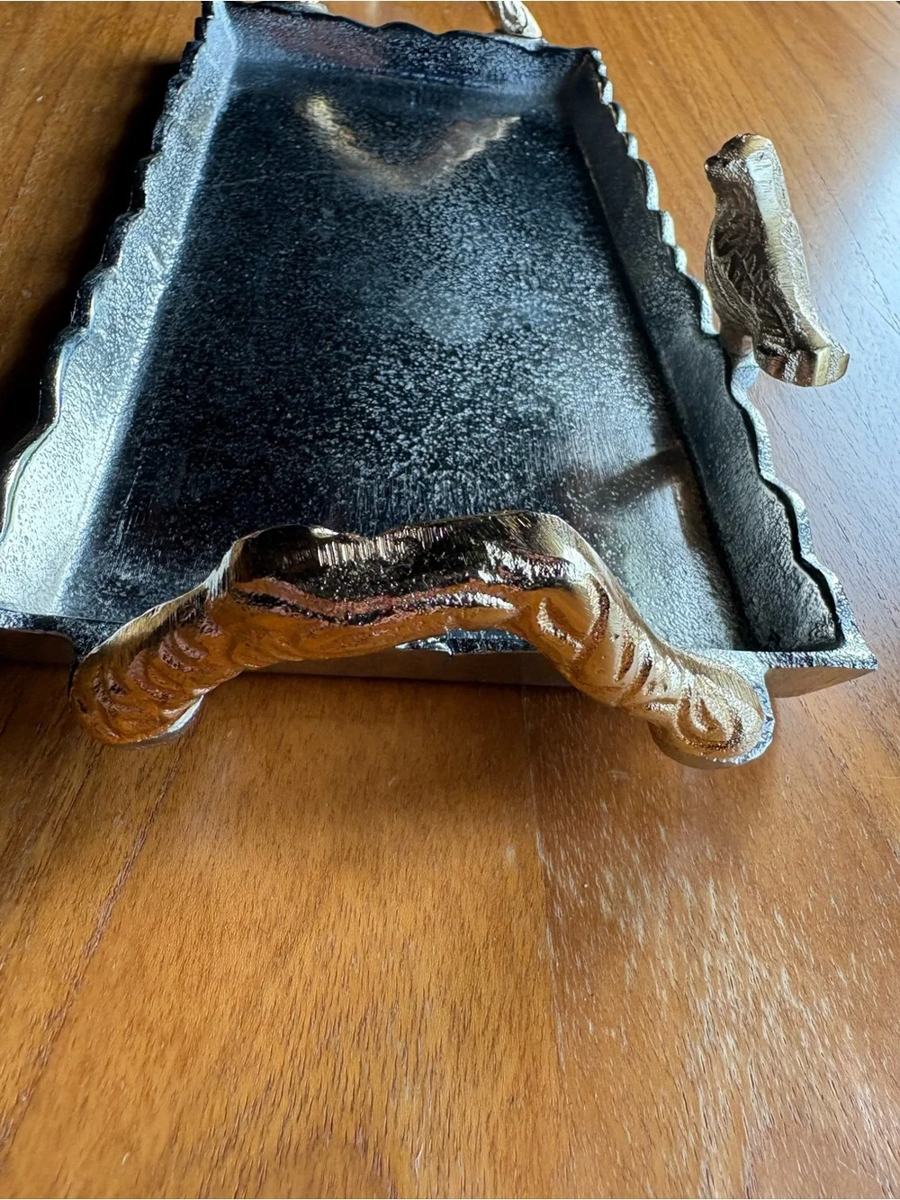 Silver and Gold Rectangular Vanity Tray with Ornate Handles Bird Detail EUC